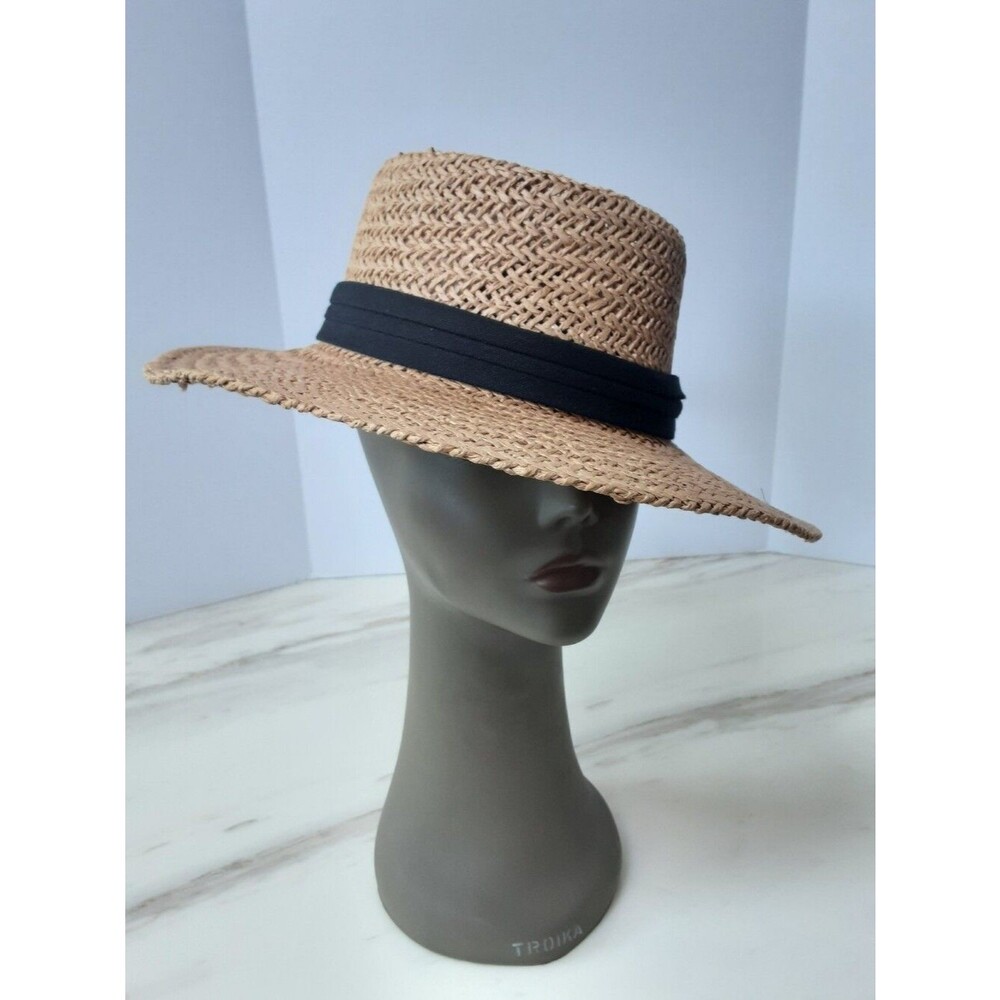 Boaters Flat Top Wide-Brim Natural Raffia Straw Black Band Sun Hat Sz L - Unisex